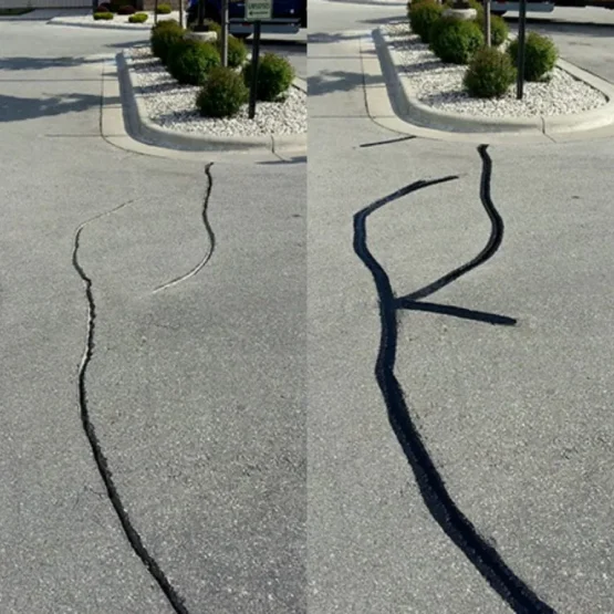 before and after pictures of a crack in a parking lot
