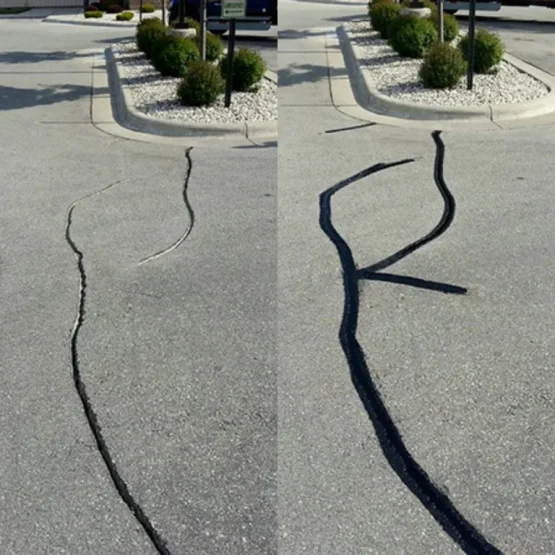 before and after pictures of a asphalt crack sealing in a parking lot
